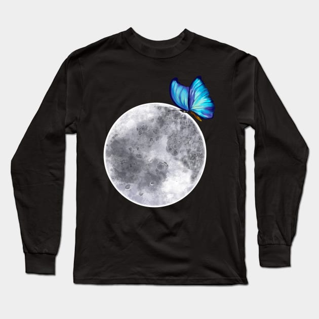 Fly me to the moon - butterfly moon - blue Peruvian morpho butterfly on the moon Long Sleeve T-Shirt by Artonmytee